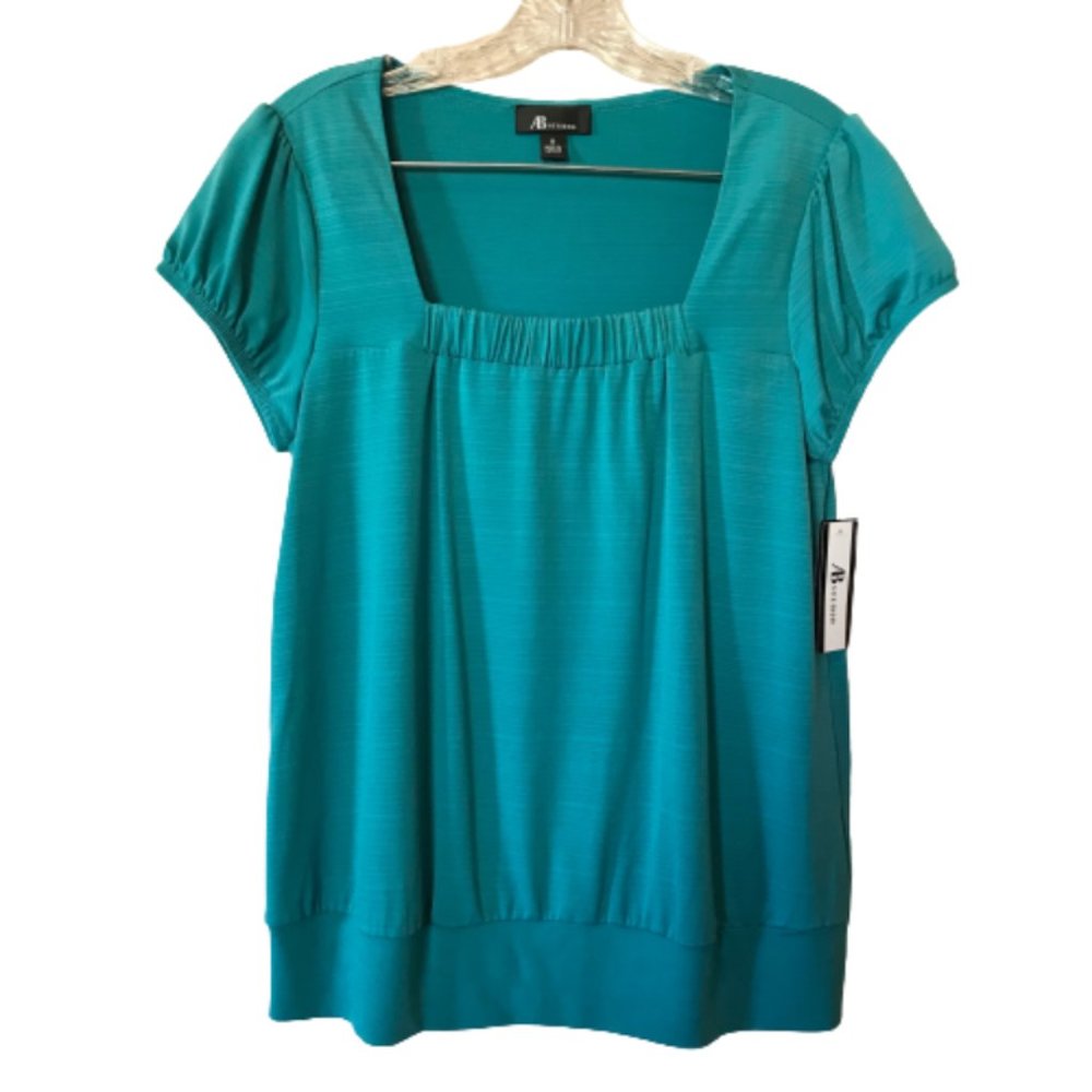 AB Studio Teal Turquoise Short Sleeve Dressy Blouson Top Size Medium